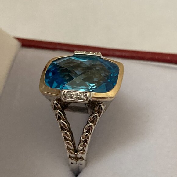 Sterling Silver 14K Yellow Gold Blue Topaz Diamond Ring Size 7 1/2 - Picture 4 of 8